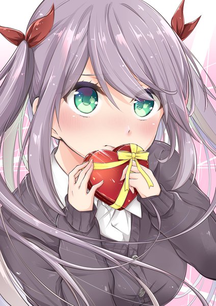Anime picture 2894x4093 with original asai sora single long hair tall image looking at viewer fringe highres hair between eyes twintails green eyes purple hair upper body long sleeves covered mouth valentine girl heart gift cardigan