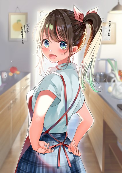 Anime picture 1000x1412 with original piyopoyo single long hair tall image looking at viewer blush fringe open mouth blue eyes smile brown hair standing payot ponytail indoors :d pleated skirt looking back depth of field