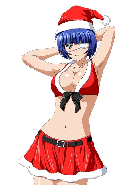 Anime picture 600x832 with ikkitousen ryomou shimei single tall image short hair breasts blue eyes light erotic simple background white background blue hair christmas girl skirt navel miniskirt eyepatch