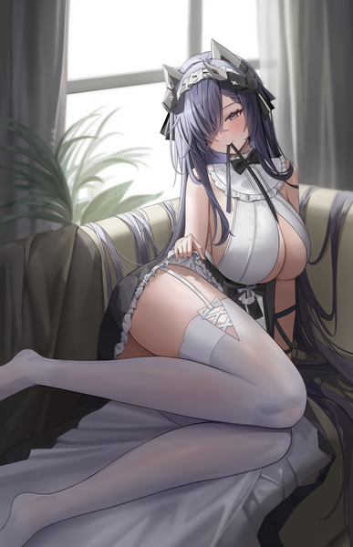 Anime picture 2577x4000 with azur lane august von parseval (azur lane) august von parseval (the conquered unhulde) (azur lane) manus (manuspupa) single long hair tall image looking at viewer blush fringe highres breasts blue eyes light erotic large breasts sitting bare shoulders holding blue hair bent knee (knees)
