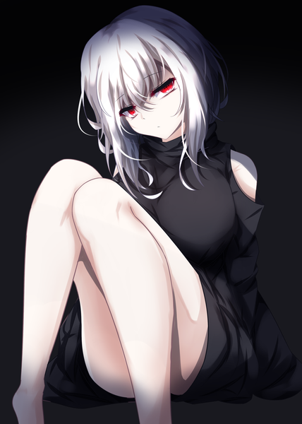 Anime picture 2000x2800 with original kisuzu 14 single tall image looking at viewer fringe highres short hair breasts light erotic simple background hair between eyes red eyes sitting white hair head tilt gradient background black background symbol-shaped pupils knees touching