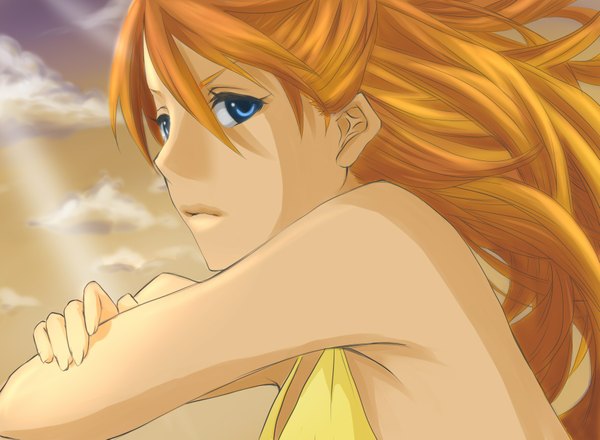 Anime picture 1771x1299 with neon genesis evangelion gainax soryu asuka langley single long hair fringe highres blue eyes blonde hair bare shoulders looking away sky cloud (clouds) lips sunlight sleeveless light crossed arms soft beauty girl