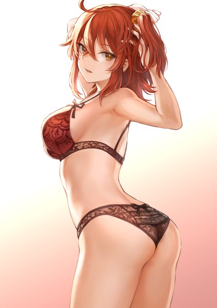 Anime picture 1302x1842 with fate (series) fate/grand order fujimaru ritsuka (female) mashuu (neko no oyashiro) single tall image looking at viewer fringe short hair breasts open mouth light erotic simple background hair between eyes standing yellow eyes ahoge ass looking back orange hair