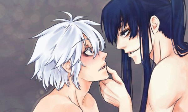 Anime picture 1280x765 with d.gray-man allen walker kanda yuu long hair blush fringe short hair blue eyes simple background wide image bare shoulders blue hair silver hair white hair ponytail profile light smile grey background multiple boys grey eyes