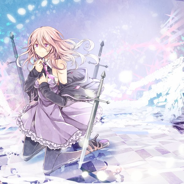 Anime picture 2000x2000 with utau gahata mage toudou charo single long hair looking at viewer fringe highres standing bare shoulders pink hair sky pink eyes wind open clothes open jacket high heels kneeling mountain checkered floor