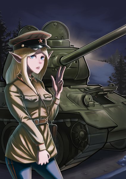 Anime picture 2480x3508 with original bsmarck single long hair tall image looking at viewer highres breasts open mouth blue eyes blonde hair standing payot bent knee (knees) outdoors one eye closed pointy ears night teeth snow
