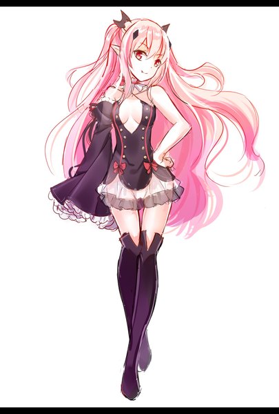 Anime picture 600x888 with owari no seraph wit studio kururu tepes mana (418208360) single long hair tall image looking at viewer fringe breasts light erotic simple background smile red eyes standing white background bare shoulders pink hair head tilt pointy ears