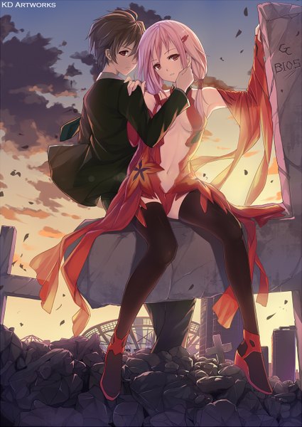 Anime picture 1000x1413 with guilty crown production i.g yuzuriha inori ouma shu caidychen long hair tall image short hair light erotic black hair red eyes pink hair sky cloud (clouds) couple center opening ruins girl thighhighs boy