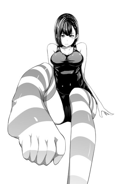 Anime picture 1496x2047 with dream-of-abell single tall image looking at viewer blush fringe short hair breasts light erotic black hair simple background large breasts white background grey eyes monochrome girl thighhighs swimsuit one-piece swimsuit striped thighhighs