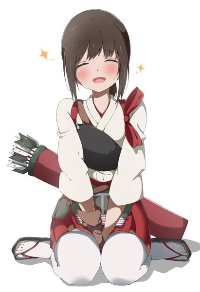 Anime picture 800x1167 with kantai collection fubuki destroyer koutya single long hair tall image blush fringe open mouth simple background brown hair white background sitting bent knee (knees) ponytail eyes closed pleated skirt sparkle shadow kneeling