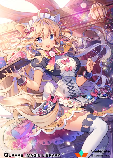 イラスト 640x896 と qurare: magic library yeonwa ソロ 長髪 長身像 カメラ目線 赤面 前髪 おっぱい 開いた口 青い目 金髪 笑顔 hair between eyes 大きな乳房 holding 獣耳 アホ毛 indoors 猫耳