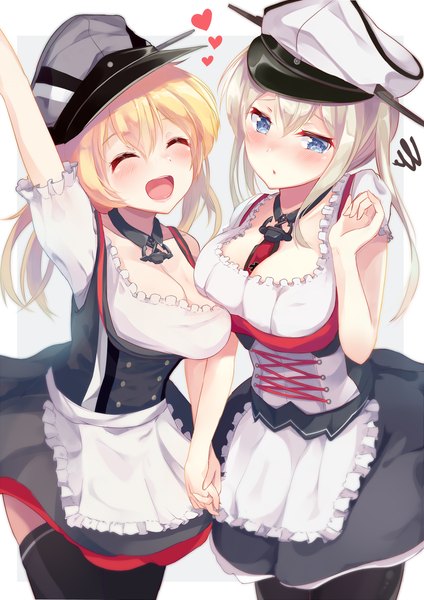 Anime picture 910x1289 with kantai collection prinz eugen (kantai collection) graf zeppelin (kantai collection) igayan long hair tall image blush fringe breasts open mouth blue eyes light erotic blonde hair simple background hair between eyes large breasts white background twintails multiple girls payot
