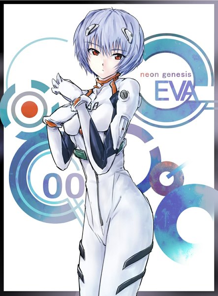 Anime picture 868x1174 with neon genesis evangelion rebuild of evangelion evangelion: 2.0 you can (not) advance evangelion: 3.0 you can (not) redo gainax ayanami rei cibo (killy) single tall image looking at viewer short hair red eyes blue hair inscription border outside border girl pilot suit