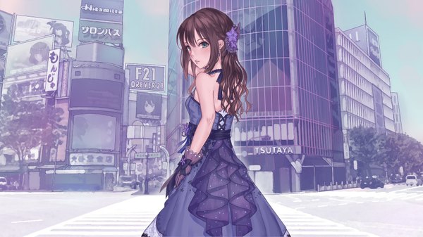 Anime picture 1777x1000 with idolmaster idolmaster cinderella girls idolmaster cinderella girls starlight stage shibuya rin roki (0214278) single long hair looking at viewer blush fringe highres breasts blue eyes hair between eyes brown hair wide image standing bare shoulders outdoors parted lips