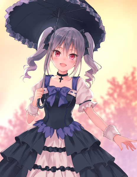 Anime picture 774x1000 with idolmaster idolmaster cinderella girls kanzaki ranko fukahire (ruinon) single long hair tall image looking at viewer blush open mouth smile red eyes twintails sky grey hair drill hair lolita fashion goth-loli girl dress