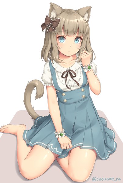 Anime picture 700x1040 with original sasaame single tall image looking at viewer blush fringe short hair blue eyes simple background white background sitting signed animal ears payot full body tail blunt bangs animal tail barefoot