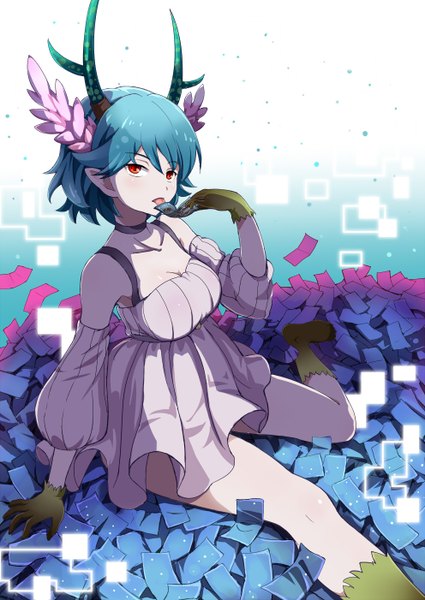 Anime picture 992x1402 with c: the money of soul and possibility control q (control) blue door single tall image looking at viewer fringe short hair breasts red eyes sitting blue hair cleavage bent knee (knees) horn (horns) pointy ears antlers girl gloves detached sleeves