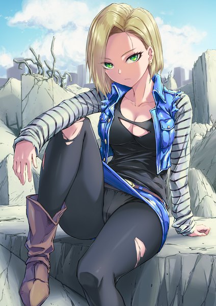 Anime picture 2893x4093 with dragon ball dragon ball z android 18 fish.boy single tall image looking at viewer highres short hair breasts light erotic blonde hair sitting green eyes sky cloud (clouds) bent knee (knees) outdoors long sleeves arm support