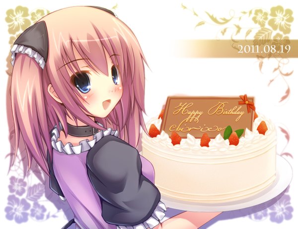 Anime picture 1400x1080 with original ichiroku blush short hair open mouth blue eyes pink hair happy birthday girl dress food sweets berry (berries) cake strawberry