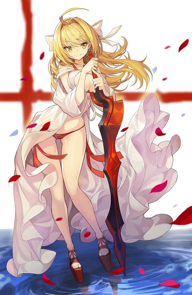 Anime picture 814x1250 with fate (series) fate/grand order nero claudius (fate) (all) nero claudius (swimsuit caster) (fate) goomrrat single long hair tall image looking at viewer fringe light erotic simple background blonde hair smile hair between eyes standing holding green eyes cleavage ahoge