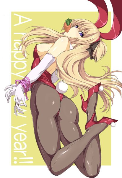Anime picture 840x1219 with quiz magic academy shalon hakaba (dairiseki) single long hair tall image breasts light erotic blonde hair holding animal ears ass tail animal tail high heels two side up bunny ears mouth hold bunny girl bunny tail