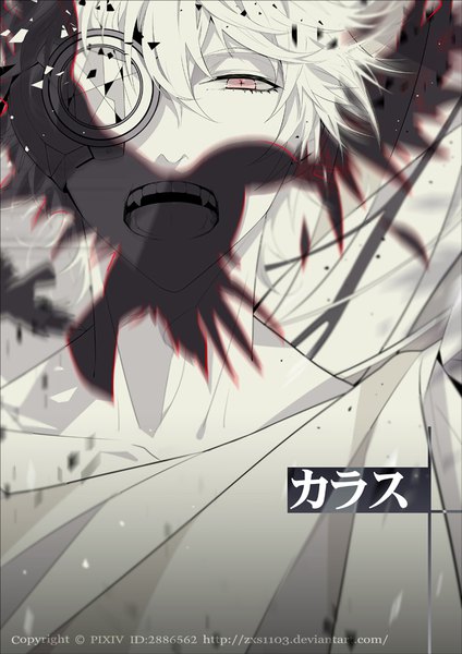 Anime picture 707x1000 with original zxs1103 single tall image looking at viewer short hair open mouth signed white hair fang (fangs) symbol-shaped pupils monochrome portrait covering eye (eyes) boy animal bird (birds)