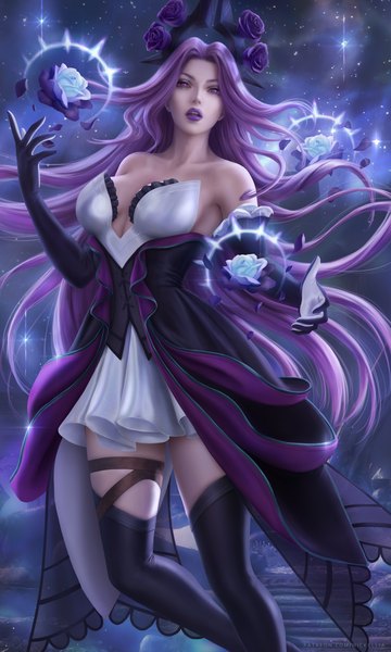 Anime picture 3900x6500 with league of legends syndra wickellia single long hair tall image looking at viewer highres breasts open mouth light erotic large breasts standing purple eyes signed absurdres cleavage purple hair bent knee (knees) outdoors