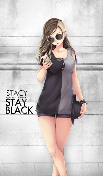 Anime picture 1849x3135 with apple inc. stayblack stacy (kopianget) kopianget single long hair tall image blush highres breasts blue eyes brown hair standing nail polish head tilt lips inscription short sleeves copyright name lipstick