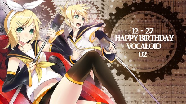 Anime picture 1280x720 with vocaloid kagamine rin kagamine len tate (donnguriumai) blush short hair breasts blonde hair smile wide image sitting green eyes flat chest leg lift (legs lift) twins happy birthday brother and sister girl thighhighs boy