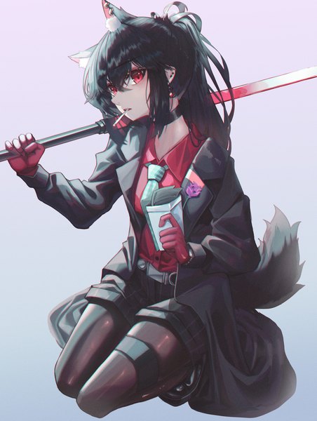 Anime picture 4525x6000 with arknights texas (arknights) texas (willpower) (arknights) domi (hyaku8795) single long hair tall image looking at viewer fringe highres black hair simple background hair between eyes red eyes holding animal ears absurdres full body tail long sleeves