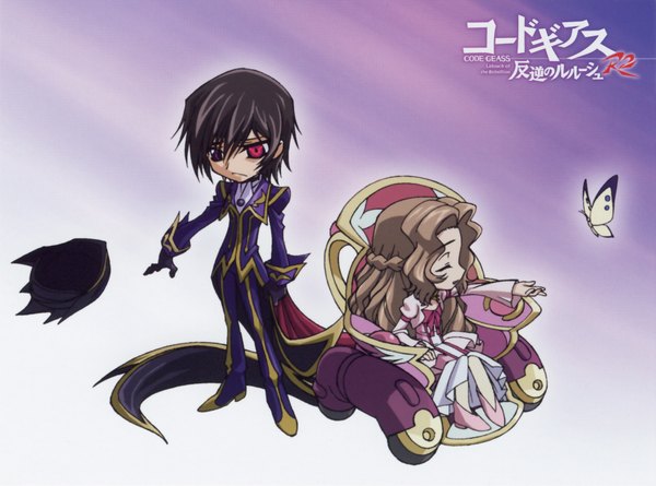 Anime picture 1898x1410 with code geass sunrise (studio) lelouch lamperouge nunnally lamperouge highres chibi purple background insect butterfly