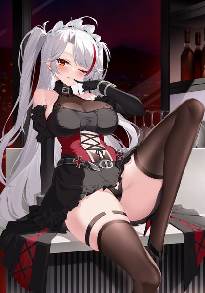 Anime picture 2100x3000 with azur lane prinz eugen (azur lane) prinz eugen (kindred evening spirits) (azur lane) yuxian youka single long hair tall image looking at viewer blush fringe highres breasts light erotic smile red eyes large breasts sitting bare shoulders payot silver hair