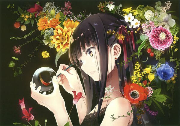 Anime picture 3000x2118 with original eshi 100-nin ten natsume eri single long hair looking at viewer fringe highres black hair simple background holding yellow eyes payot looking away upper body blunt bangs parted lips profile scan girl