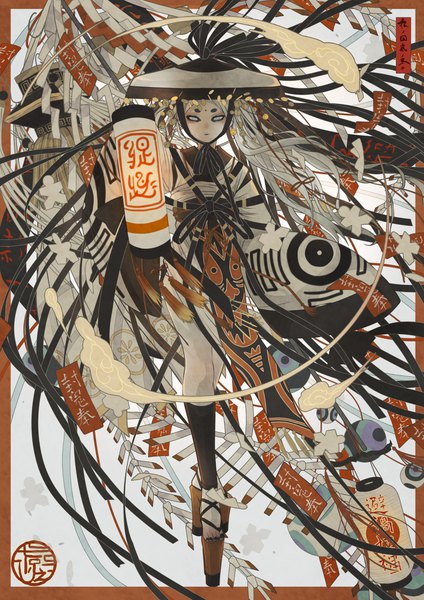 Anime picture 1414x2000 with original nanahara single long hair tall image looking at viewer full body traditional clothes arm up grey hair border eyebrows expressionless girl hat socks black socks paper lantern platform footwear ajirogasa