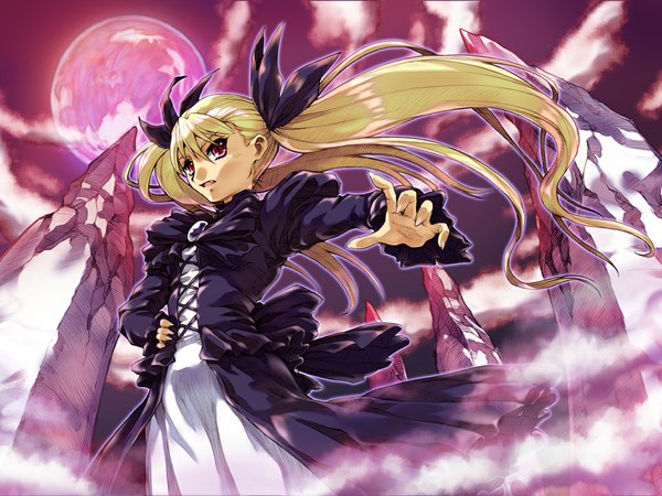 Anime picture 1024x768 with dance in the vampire bund shaft (studio) mina tepes hisahiko single long hair open mouth blonde hair red eyes twintails looking away sky cloud (clouds) from below red moon girl dress ribbon (ribbons) hair ribbon black dress