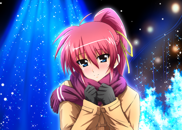 Anime picture 1470x1051 with mahou shoujo lyrical nanoha mahou shoujo lyrical nanoha strikers signum diesel-turbo single long hair looking at viewer blush blue eyes smile pink hair ponytail girl gloves black gloves scarf
