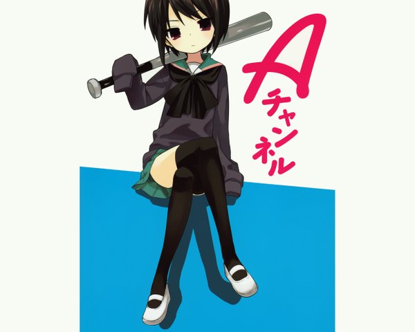 Anime picture 2560x2048 with a channel ichii tooru highres short hair red eyes brown hair white background long sleeves girl thighhighs uniform black thighhighs school uniform baseball bat
