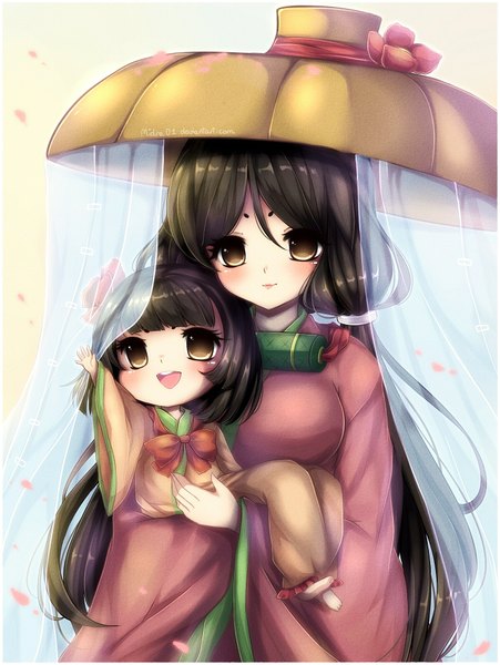 Anime picture 1508x2007 with okami (game) camille (okami) camellia (okami) midna01 long hair tall image blush fringe breasts open mouth black hair smile large breasts multiple girls brown eyes traditional clothes japanese clothes girl 2 girls child (children)