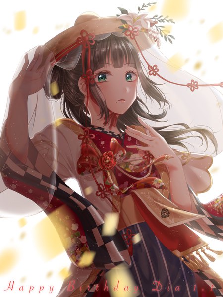 Anime picture 1125x1500 with love live! sunshine!! sunrise (studio) love live! kurosawa dia ponpon rabbit single long hair tall image looking at viewer blush fringe black hair simple background standing white background green eyes payot blunt bangs traditional clothes parted lips