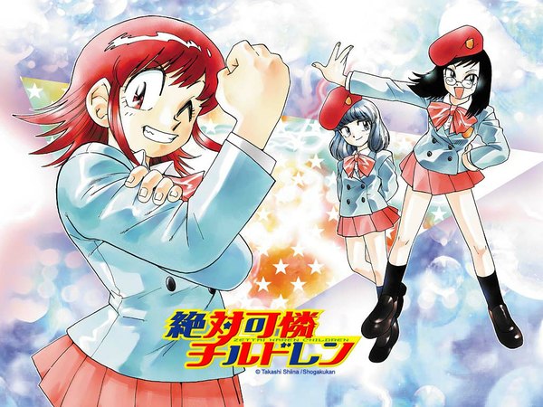 Anime picture 1024x768 with zettai karen children akashi kaoru nogami aoi sannomiya shiho shiina takashi multiple girls official art wallpaper girl 3 girls