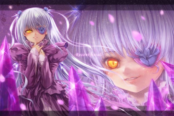 Anime picture 1468x988 with rozen maiden barasuishou misaki (kyal 001) single long hair looking at viewer blush yellow eyes silver hair two side up lolita fashion girl dress flower (flowers) petals rose (roses) eyepatch crystal