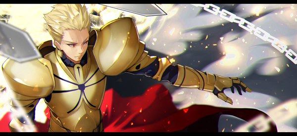 Anime picture 2000x917 with fate (series) fate/grand order gilgamesh (fate) yoshio (55level) single highres short hair blonde hair red eyes wide image looking away outstretched arm letterboxed boy armor chain spaulder (spaulders) gauntlets