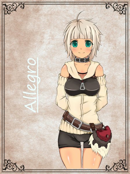 Anime picture 749x1000 with original tremoloallegro single tall image looking at viewer blush short hair breasts smile green eyes grey hair hands behind back girl detached sleeves belt collar clothes