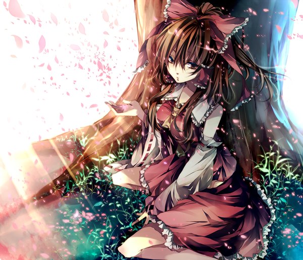 Anime picture 1400x1200 with touhou hakurei reimu brown hair brown eyes cherry blossoms girl dress