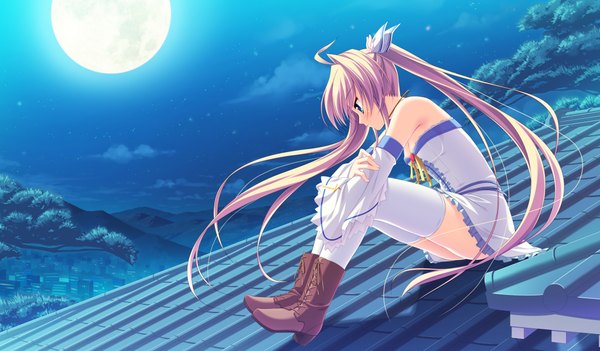 Anime picture 1024x600 with angel ring mika alsted heine yamakaze ran long hair blue eyes blonde hair wide image twintails game cg night girl thighhighs white thighhighs boots moon roof