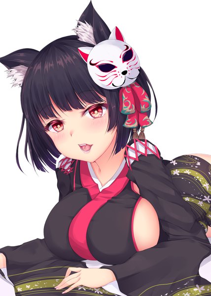 Anime picture 900x1260 with azur lane yamashiro (azur lane) shiro usagi single tall image looking at viewer blush short hair breasts open mouth light erotic black hair simple background red eyes large breasts white background animal ears traditional clothes japanese clothes cat ears