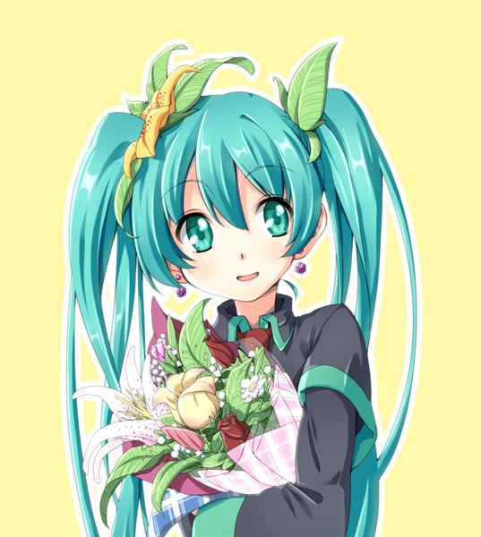 Anime picture 850x950 with vocaloid hatsune miku hinosita hikari single long hair tall image looking at viewer blush fringe open mouth simple background smile hair between eyes upper body :d aqua eyes aqua hair yellow background girl flower (flowers)