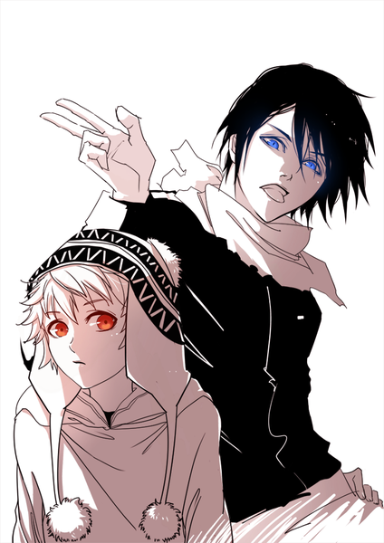 Anime picture 750x1060 with noragami studio bones yato (noragami) yukine (noragami) qinshou tall image looking at viewer short hair open mouth blue eyes black hair simple background blonde hair red eyes white background looking away multiple boys hand on hip monochrome victory