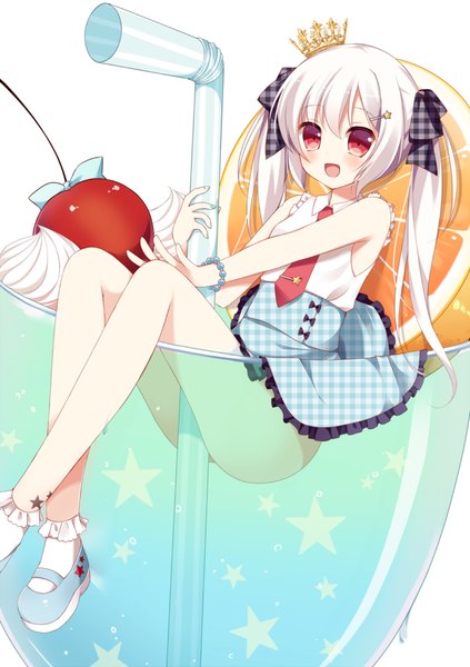 Anime picture 700x993 with original hoshi (snacherubi) single long hair tall image looking at viewer blush open mouth light erotic simple background red eyes white background twintails bare shoulders holding ass white hair :d plaid skirt flat chest