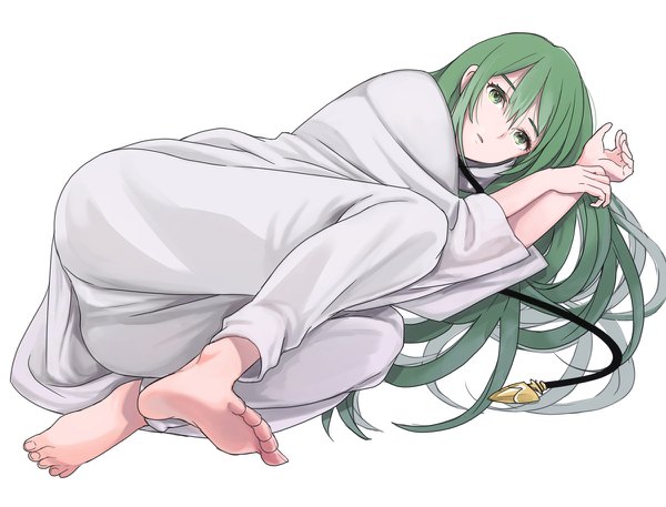 Anime picture 1200x914 with fate (series) fate/grand order enkidu (fate) amripo single long hair looking at viewer fringe simple background hair between eyes white background green eyes full body lying barefoot green hair on side androgynous boy